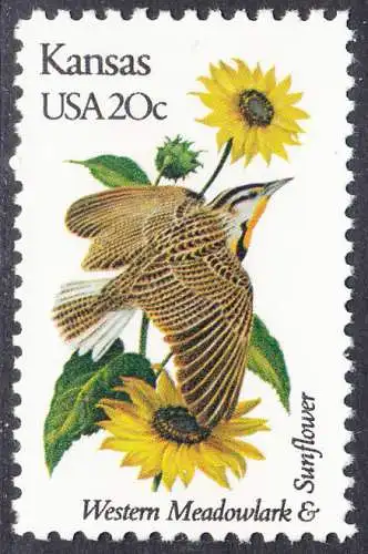USA Michel 1547 / Scott 1968 postfrisch EINZELMARKE (a2) - Vögel und Blumen der 50 Bundesstaaten: Kansas: Westlicher Lerchenstärling/Sonnenblume