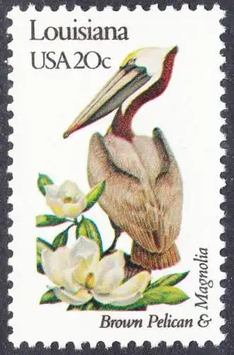 USA Michel 1549 / Scott 1970 postfrisch EINZELMARKE (a2) - Vögel und Blumen der 50 Bundesstaaten: Louisiana: Brauner Pelikan/Magnolie