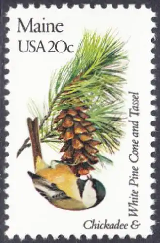 USA Michel 1550 / Scott 1971 postfrisch EINZELMARKE (a1) - Vögel und Blumen der 50 Bundesstaaten: Maine: Chickadee-Meise/Kiefernzapfen und -zweig