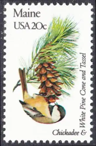 USA Michel 1550 / Scott 1971 postfrisch EINZELMARKE (a2) - Vögel und Blumen der 50 Bundesstaaten: Maine: Chickadee-Meise/Kiefernzapfen und -zweig