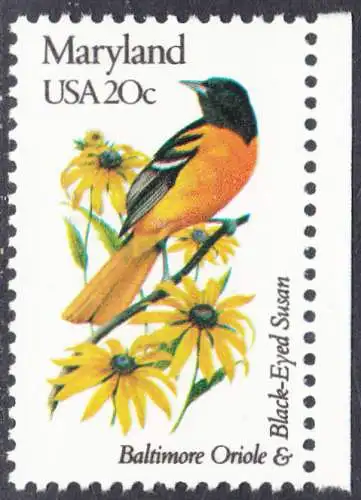 USA Michel 1551 / Scott 1972 postfrisch EINZELMARKE RAND rechts (a1) - Vögel und Blumen der 50 Bundesstaaten: Maryland: Baltimoretrupial/Sonnenhut