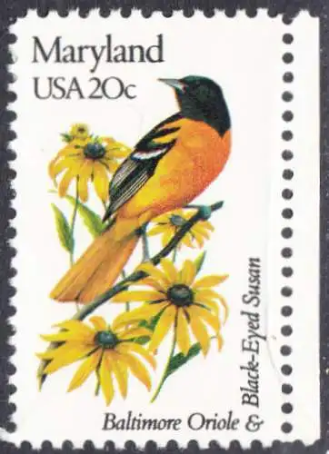 USA Michel 1551 / Scott 1972 postfrisch EINZELMARKE RAND rechts (a2/mit Falte) - Vögel und Blumen der 50 Bundesstaaten: Maryland: Baltimoretrupial/Sonnenhut