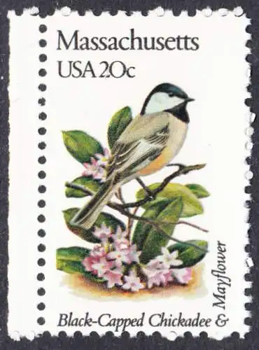 USA Michel 1552 / Scott 1973 postfrisch EINZELMARKE RAND links (a1) - Vögel und Blumen der 50 Bundesstaaten: Massachusetts: Chickadee-Meise/Maiblumenstrauch