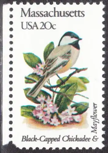 USA Michel 1552 / Scott 1973 postfrisch EINZELMARKE RAND links (a2) - Vögel und Blumen der 50 Bundesstaaten: Massachusetts: Chickadee-Meise/Maiblumenstrauch