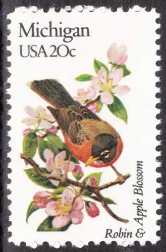 USA Michel 1553 / Scott 1974 postfrisch EINZELMARKE (a1) - Vögel und Blumen der 50 Bundesstaaten: Michigan: Wanderdrossel/Apfelblüte