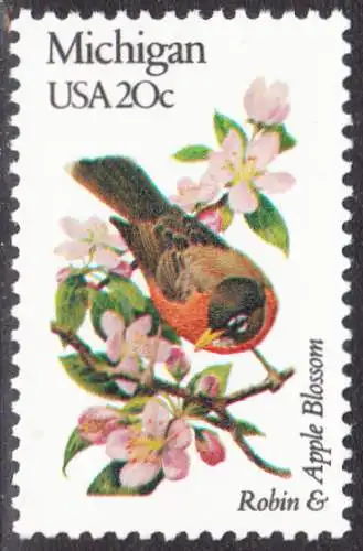USA Michel 1553 / Scott 1974 postfrisch EINZELMARKE (a2) - Vögel und Blumen der 50 Bundesstaaten: Michigan: Wanderdrossel/Apfelblüte