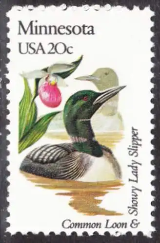 USA Michel 1554 / Scott 1975 postfrisch EINZELMARKE (a1) - Vögel und Blumen der 50 Bundesstaaten: Minnesota: Eistaucher/Prächtiger Frauenschuh
