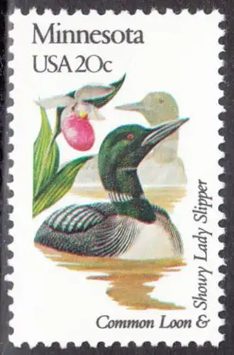 USA Michel 1554 / Scott 1975 postfrisch EINZELMARKE (a2) - Vögel und Blumen der 50 Bundesstaaten: Minnesota: Eistaucher/Prächtiger Frauenschuh
