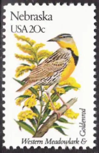 USA Michel 1558 / Scott 1979 postfrisch EINZELMARKE (a2) - Vögel und Blumen der 50 Bundesstaaten: Nebraska: Westlicher Lerchenstärling/Goldrute