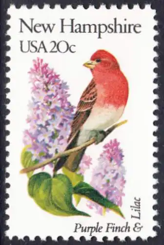 USA Michel 1560 / Scott 1981 postfrisch EINZELMARKE (a2) - Vögel und Blumen der 50 Bundesstaaten: New Hampshire: Purpurfink/Flieder