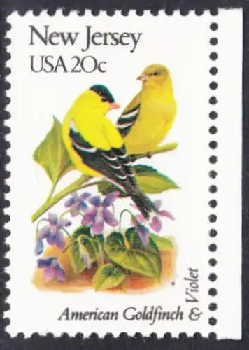 USA Michel 1561 / Scott 1982 postfrisch EINZELMARKE RAND rechts (a1) - Vögel und Blumen der 50 Bundesstaaten: New Jerse: Trauerzeisig/Veilchen