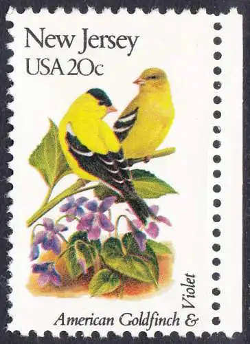 USA Michel 1561 / Scott 1982 postfrisch EINZELMARKE RAND rechts (a2) - Vögel und Blumen der 50 Bundesstaaten: New Jerse: Trauerzeisig/Veilchen