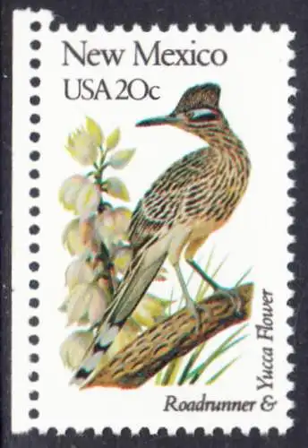 USA Michel 1562 / Scott 1983 postfrisch EINZELMARKE RAND links (a1) - Vögel und Blumen der 50 Bundesstaaten: New Mexico: Erdkuckuck/Yucca Palmlilienblüte