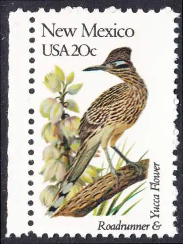 USA Michel 1562 / Scott 1983 postfrisch EINZELMARKE RAND links (a2) - Vögel und Blumen der 50 Bundesstaaten: New Mexico: Erdkuckuck/Yucca Palmlilienblüte