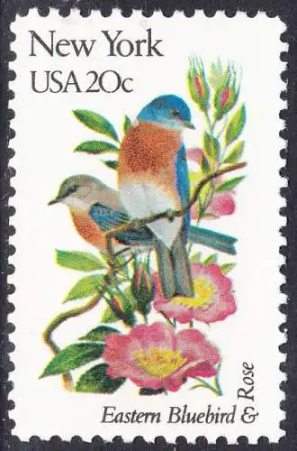 USA Michel 1563 / Scott 1984 postfrisch EINZELMARKE RAND links (a1) - Vögel und Blumen der 50 Bundesstaaten: New York: Rotkehl-Hüttensänger/Rose
