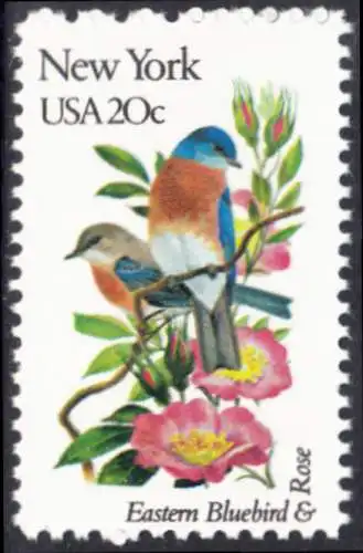 USA Michel 1563 / Scott 1984 postfrisch EINZELMARKE (a2) - Vögel und Blumen der 50 Bundesstaaten: New York: Rotkehl-Hüttensänger/Rose