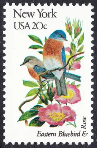 USA Michel 1563 / Scott 1984 postfrisch EINZELMARKE (a3) - Vögel und Blumen der 50 Bundesstaaten: New York: Rotkehl-Hüttensänger/Rose