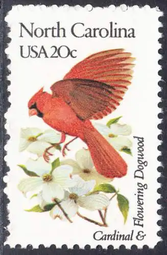 USA Michel 1564 / Scott 1985 postfrisch EINZELMARKE (a1) - Vögel und Blumen der 50 Bundesstaaten: North Carolina: Roter Kardinal blühender Hartriegel