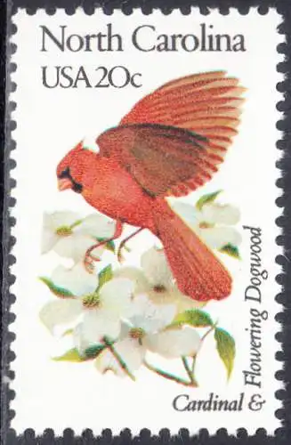 USA Michel 1564 / Scott 1985 postfrisch EINZELMARKE (a2) - Vögel und Blumen der 50 Bundesstaaten: North Carolina: Roter Kardinal blühender Hartriegel