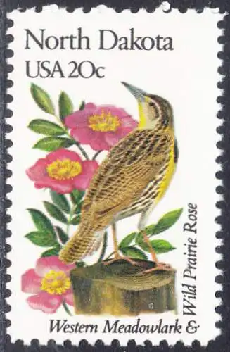 USA Michel 1565 / Scott 1986 postfrisch EINZELMARKE (a1) - Vögel und Blumen der 50 Bundesstaaten: North Dakota: Westlicher Lerchenstärling/Heckenrose