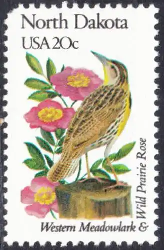 USA Michel 1565 / Scott 1986 postfrisch EINZELMARKE (a2) - Vögel und Blumen der 50 Bundesstaaten: North Dakota: Westlicher Lerchenstärling/Heckenrose