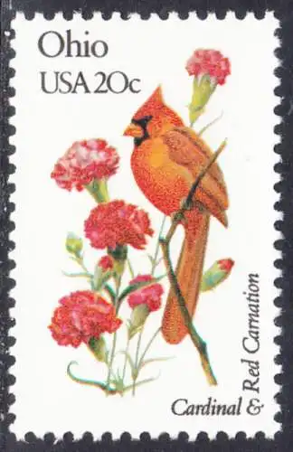 USA Michel 1566 / Scott 1987 postfrisch EINZELMARKE (a1) - Vögel und Blumen der 50 Bundesstaaten: Ohio: Roter Kardinal/rote Nelke