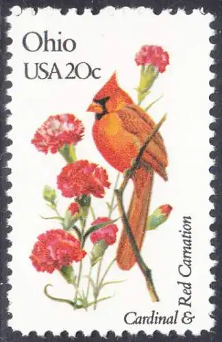 USA Michel 1566 / Scott 1987 postfrisch EINZELMARKE (a2) - Vögel und Blumen der 50 Bundesstaaten: Ohio: Roter Kardinal/rote Nelke