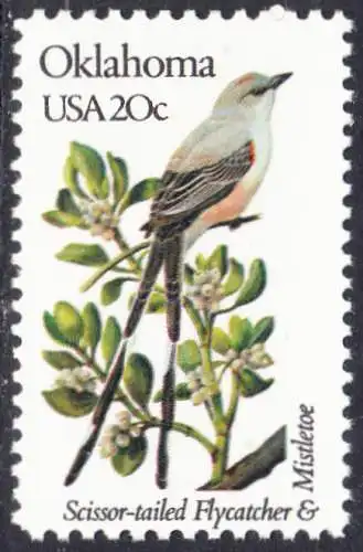 USA Michel 1567 / Scott 1988 postfrisch EINZELMARKE (a1) - Vögel und Blumen der 50 Bundesstaaten: Oklahoma: Scherentyrann/Mistelzweig