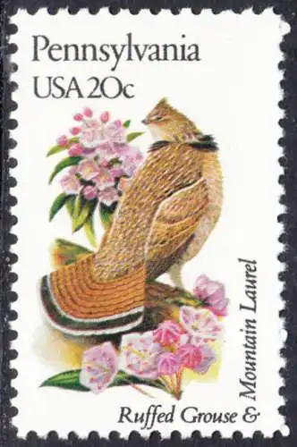 USA Michel 1569 / Scott 1990 postfrisch EINZELMARKE (a1) - Vögel und Blumen der 50 Bundesstaaten: Pennsylvania: Kragenhuhn/Berglorbeer