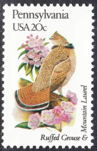 USA Michel 1569 / Scott 1990 postfrisch EINZELMARKE (a2) - Vögel und Blumen der 50 Bundesstaaten: Pennsylvania: Kragenhuhn/Berglorbeer