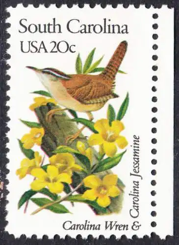 USA Michel 1571 / Scott 1992 postfrisch EINZELMARKE RAND rechts (a1) - Vögel und Blumen der 50 Bundesstaaten: South Carolina: Karolinazaunkönig/Gelber Jasmin