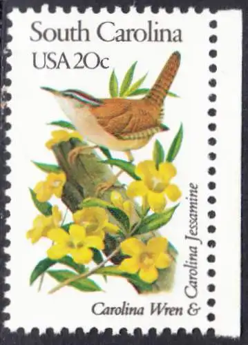 USA Michel 1571 / Scott 1992 postfrisch EINZELMARKE RAND rechts (a2) - Vögel und Blumen der 50 Bundesstaaten: South Carolina: Karolinazaunkönig/Gelber Jasmin