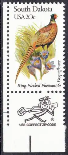 USA Michel 1572 / Scott 1993 postfrisch EINZELMARKE ECKRAND unten links m/ ZIP-emblem - Vögel und Blumen der 50 Bundesstaaten: South Dakota: Edelfasan/Küchenschelle