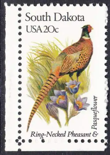 USA Michel 1572 / Scott 1993 postfrisch EINZELMARKE ECKRAND unten links - Vögel und Blumen der 50 Bundesstaaten: South Dakota: Edelfasan/Küchenschelle