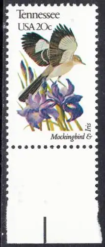 USA Michel 1573 / Scott 1994 postfrisch EINZELMARKE RAND unten (a2) - Vögel und Blumen der 50 Bundesstaaten: Tennessee: Spottdrossel/Purpurne Schwertlilie