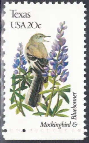 USA Michel 1574 / Scott 1995 postfrisch EINZELMARKE RAND unten (a1) - Vögel und Blumen der 50 Bundesstaaten: Texas: Spottdrossel/Lupine