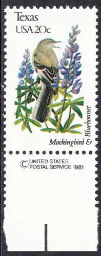 USA Michel 1574 / Scott 1995 postfrisch EINZELMARKE RAND unten (a2) - Vögel und Blumen der 50 Bundesstaaten: Texas: Spottdrossel/Lupine
