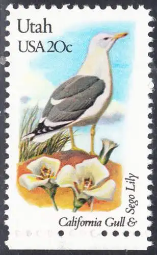 USA Michel 1575 / Scott 1996 postfrisch EINZELMARKE RAND unten (a1) - Vögel und Blumen der 50 Bundesstaaten: Utah: Kalifornische Möwe/Sego-Lilie