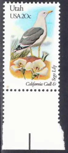 USA Michel 1575 / Scott 1996 postfrisch EINZELMARKE RAND unten (a2) - Vögel und Blumen der 50 Bundesstaaten: Utah: Kalifornische Möwe/Sego-Lilie