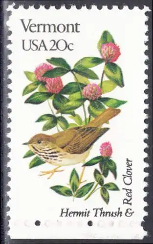USA Michel 1576 / Scott 1997 postfrisch EINZELMARKE RAND unten (a1) - Vögel und Blumen der 50 Bundesstaaten: Vermont: Einsiedlerdrossel/Roter Klee