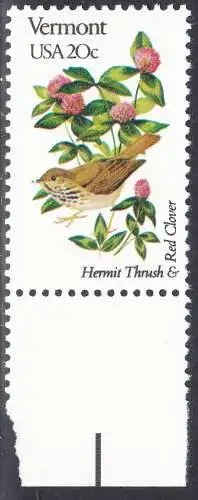USA Michel 1576 / Scott 1997 postfrisch EINZELMARKE RAND unten (a2) - Vögel und Blumen der 50 Bundesstaaten: Vermont: Einsiedlerdrossel/Roter Klee