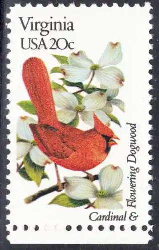 USA Michel 1577 / Scott 1998 postfrisch EINZELMARKE RAND unten (a1) - Vögel und Blumen der 50 Bundesstaaten: Virginia: Roter Kardinal/blühender Hartriegel