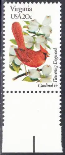 USA Michel 1577 / Scott 1998 postfrisch EINZELMARKE RAND unten (a2) - Vögel und Blumen der 50 Bundesstaaten: Virginia: Roter Kardinal/blühender Hartriegel