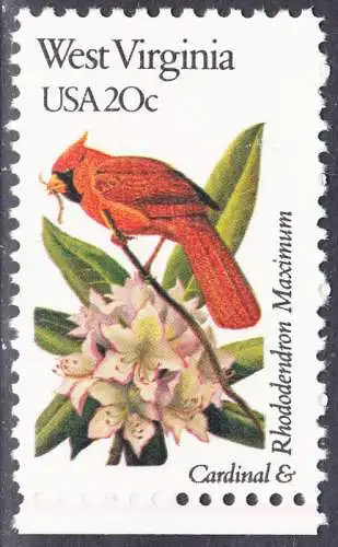 USA Michel 1579 / Scott 2000 postfrisch EINZELMARKE RAND unten (a1) - Vögel und Blumen der 50 Bundesstaaten: West Virginia: Roter Kardinal/Rhododendron maximum