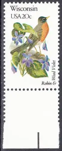 USA Michel 1580 / Scott 2001 postfrisch EINZELMARKE RAND unten (a1) - Vögel und Blumen der 50 Bundesstaaten: Wisconsin: Wanderdrossel /Waldveilchen