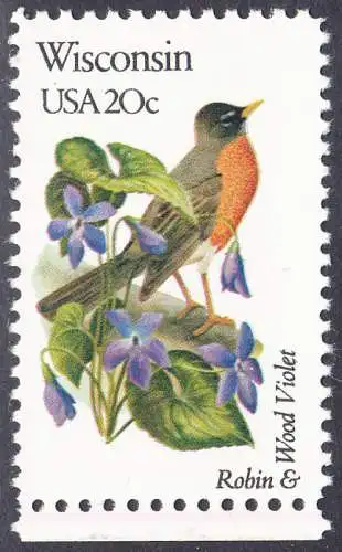 USA Michel 1580 / Scott 2001 postfrisch EINZELMARKE RAND unten (a2) - Vögel und Blumen der 50 Bundesstaaten: Wisconsin: Wanderdrossel /Waldveilchen