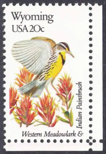 USA Michel 1581 / Scott 2002 postfrisch EINZELMARKE ECKRAND unten rechts (a1) - Vögel und Blumen der 50 Bundesstaaten: Wyoming: Westlicher Lerchenstärling/Castilleja linariaefolia