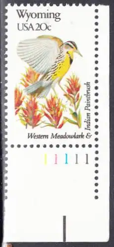 USA Michel 1581 / Scott 2002 postfrisch EINZELMARKE ECKRAND unten rechts (a2) - Vögel und Blumen der 50 Bundesstaaten: Wyoming: Westlicher Lerchenstärling/Castilleja linariaefolia