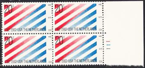 USA Michel 1582 / Scott 2003 postfrisch BLOCK RÄNDER rechts m/ Platten-# 1111 (a3) - 200 Jahre diplomatische Beziehungen zwischen den Niederlanden und den Vereinigten Staaten von Amerika