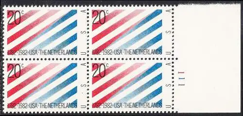 USA Michel 1582 / Scott 2003 postfrisch BLOCK RÄNDER rechts m/ Platten-# 1111 (a2) - 200 Jahre diplomatische Beziehungen zwischen den Niederlanden und den Vereinigten Staaten von Amerika